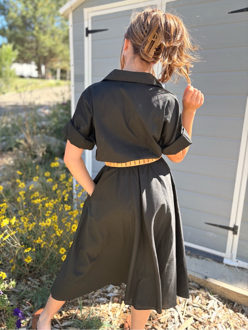 Vintage Black Short-Sleeve Midi Dress for Women
